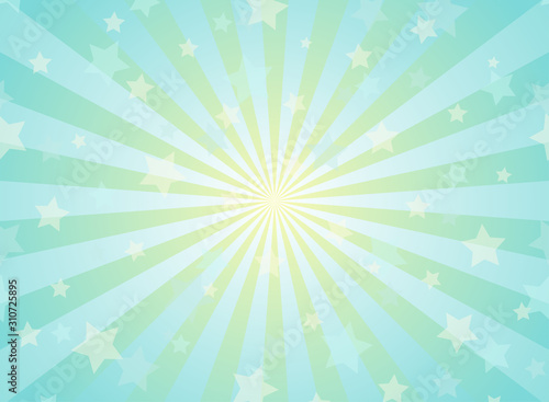 Sunlight horizontal background. Powder blue color burst background with shining stars.