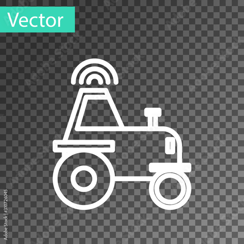 White line Self driving wireless tractor on a smart farm icon isolated on transparent background. Smart agriculture implement element. Vector Illustration