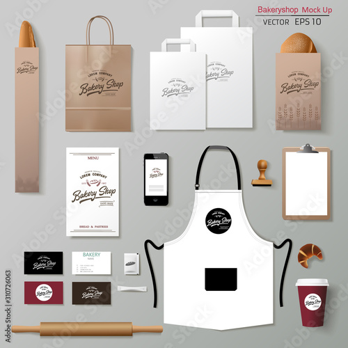 Vector bakery corporate branding identity template design set. Take away mock up photo