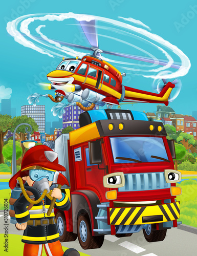 Fototapeta Naklejka Na Ścianę i Meble -  cartoon scene with fireman vehicle on the road - illustration for children