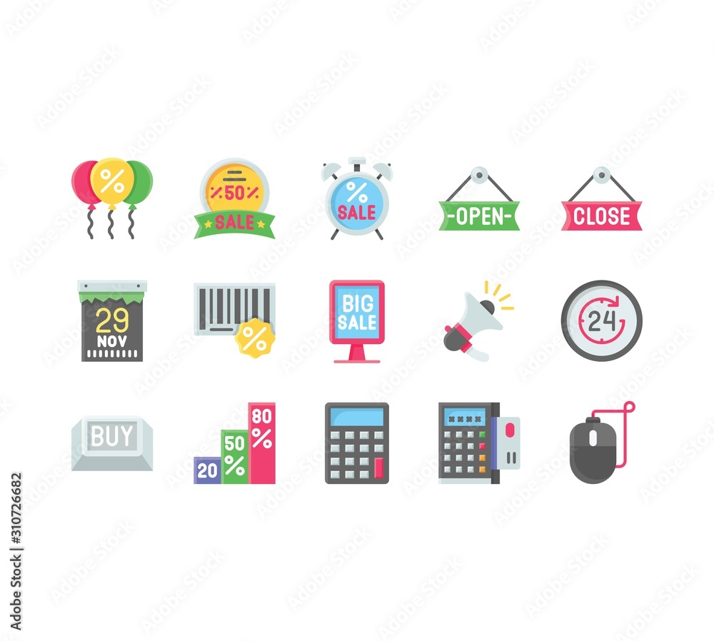 black friday related balloons, open board, close board, atm machine, calculator, mouse, announcement speaker, and bar code vector in flat design black friday related balloons, open board, close board, atm machine, calculator, mouse, announcement speaker, and bar code vector in flat design
