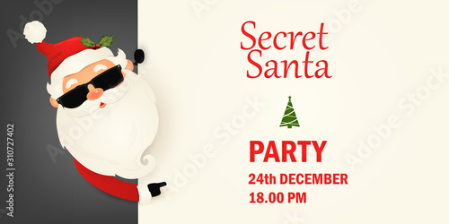 Secret Santa Claus invitation background standing behind a blank sign, showing on big blank sign. Cartoon Santa Claus character holding a placard with white copy space. Santa clause party.