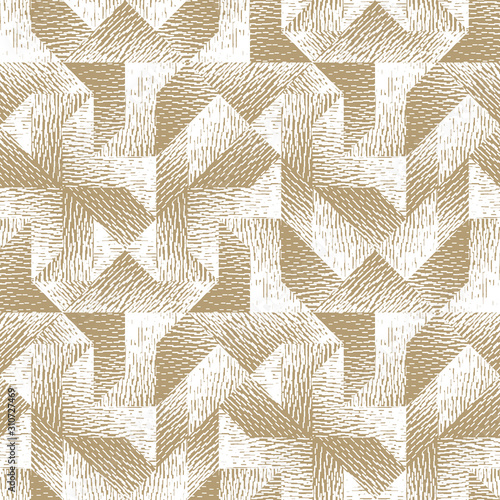Abstract seamless pattern of geometric shapes with texture. Optical illusion of the volume and depth of the image.