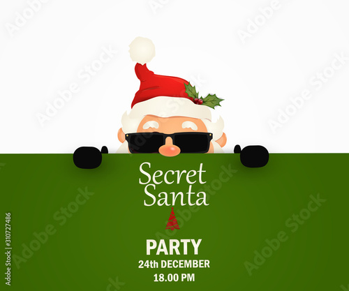 Secret Santa Claus invitation background standing behind a blank sign, showing on big blank sign. Cartoon Santa Claus character holding a placard with white copy space. Santa clause party.