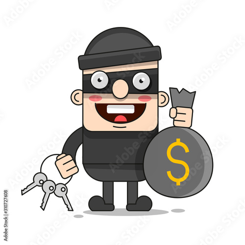 Cute Thief Character. Vector Cartoon Illustration. Bandit With Bag. Robber In Mask