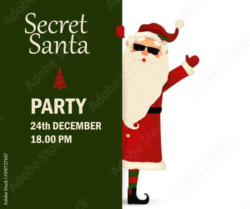 Secret Santa Claus invitation background standing behind a blank sign, showing on big blank sign. Cartoon Santa Claus character holding a placard with white copy space. Santa clause party.