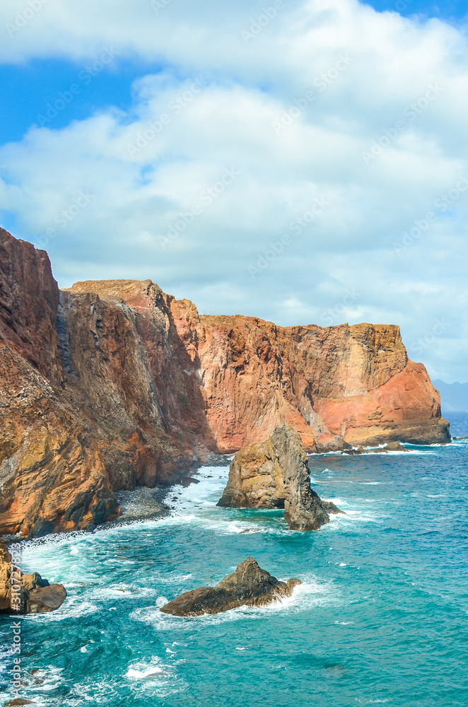 Beautiful volcanic cliffs in Ponta de Sao Lourenco, Madeira Island, Portugal. Rocks by the Atlantic ocean in the easternmost point of the island of Madeira. Portuguese landscape. Tourist destinations