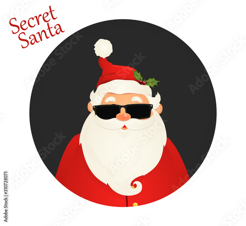 Christmas secret funny Santa Claus with black glasses. Santa clause for winter and new year holidays. Happy Santa Claus cartoon character.