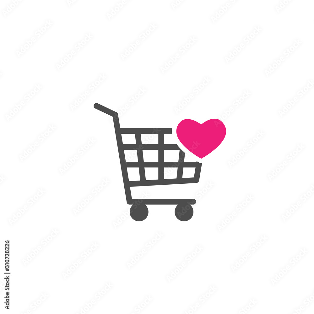 Shopping cart with heart pink sign. simple icon isolated on white background. Store trolley with wheels. Shopping cart with heart pink sign. simple icon isolated on white background. Store trolley with wheels.