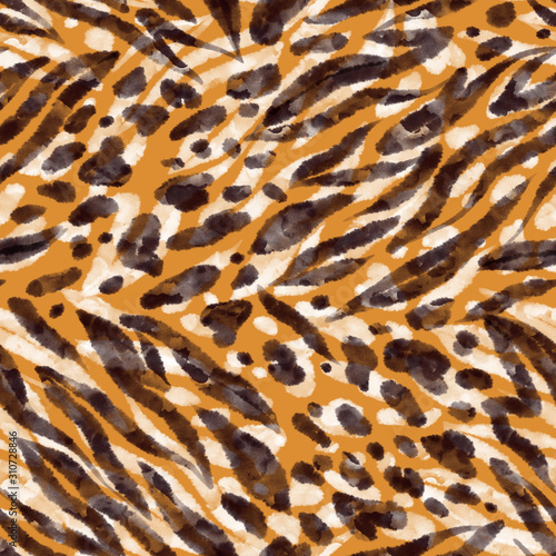 Animal skin seamless pattern. Tiger leopard fur print texture background. Abstract geometric shapes. Watercolor texture. Artistic textile fashion design. photo