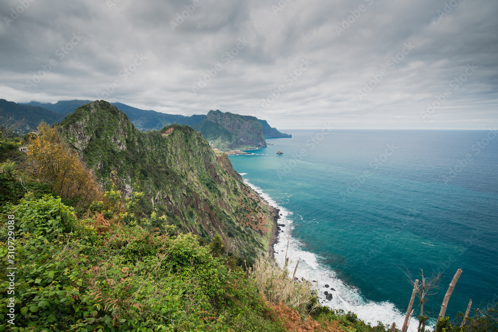 View of beautiful mountains and ocean on the north coast, Madeira island, Portugal