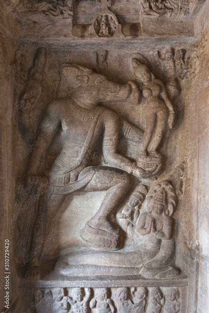 Cave 2 : Vishnu in Boar incarnation ( Varaha ) Badami Caves, Bijapur district, Karnataka, India