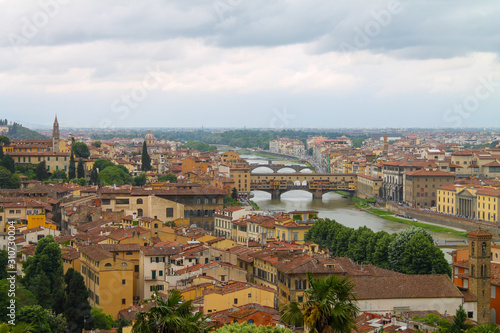 Panoramic view of The Ponte Vecchio or Old Bridge in Florence Italy, famous tourist destination. 