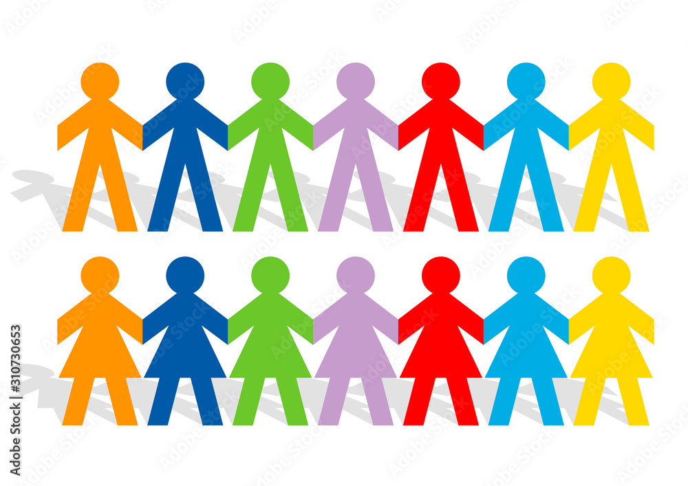 Cutted colored paper people holding hands for teamwork concept, vector illustration