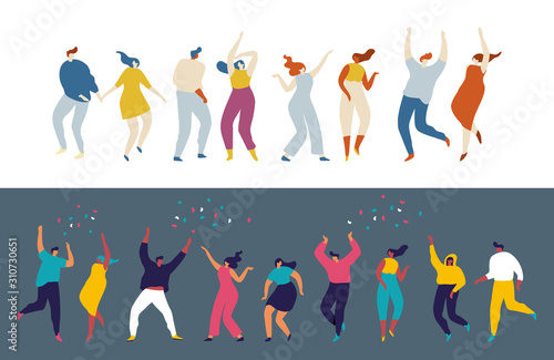 Dancing people flat vector set. Young people having fun. Party. Celebration.