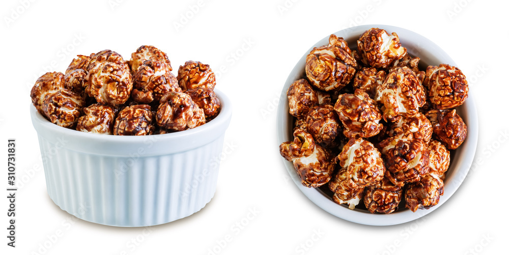 Chocolate popcorn on a white isolated background Chocolate popcorn on a white isolated background