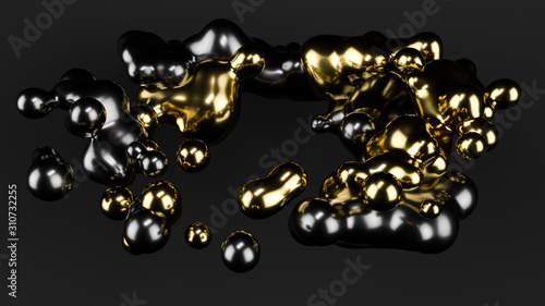 Gold metall ball, black ball abstract. Grey matte background. Studio light. Metaball. 3d illustration, render.