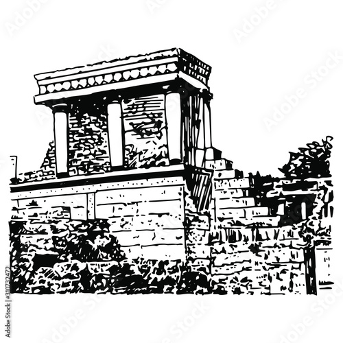 Isolated vector illustration. View of ruined Minoan palace of king Minos in Knossos, Crete. Hand drawn linear ink sketch. Black silhouette on white background.