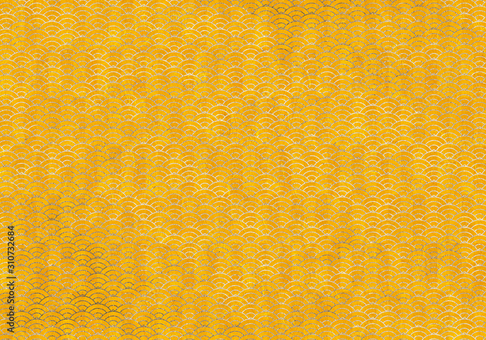 背景：青海波 市松模様 波 海 市松 伝統 和風 和柄 図案 壁紙 テクスチャー 橙 オレンジ 屏風