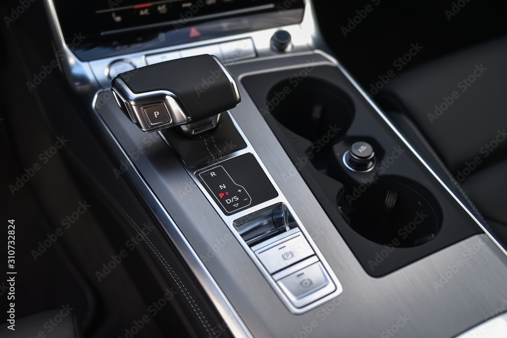 Interior of the car. Gear shifter.