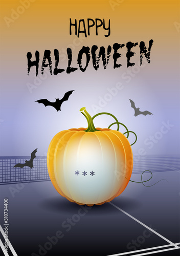 Happy Halloween. Sports greeting card. Realistic ping pong ball in the shape of a Pumpkin. Vector illustration.