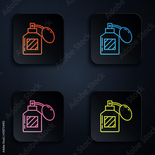 Color neon line Aftershave icon isolated on white background. Cologne spray icon. Male perfume bottle. Set icons in colorful square buttons. Vector Illustration