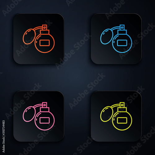 Color neon line Aftershave icon isolated on white background. Cologne spray icon. Male perfume bottle. Set icons in colorful square buttons. Vector Illustration