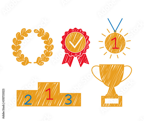 gold medal, podium, winner's laurel wreath and cup in sketch style made by hand. career ladder icons in business or sport.