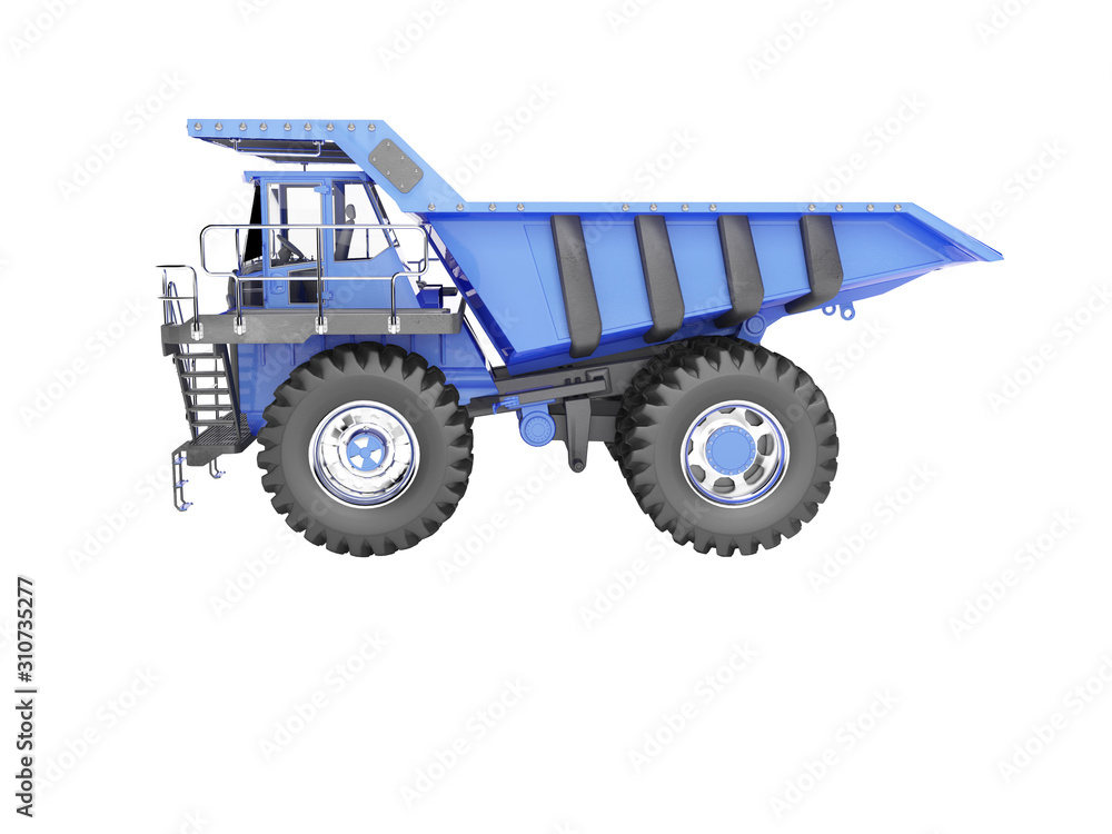 Big mining truck blue side view 3D rendering on white background no shadow