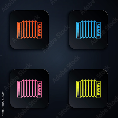 Color neon line Musical instrument accordion icon isolated on white background. Classical bayan, harmonic. Set icons in colorful square buttons. Vector Illustration