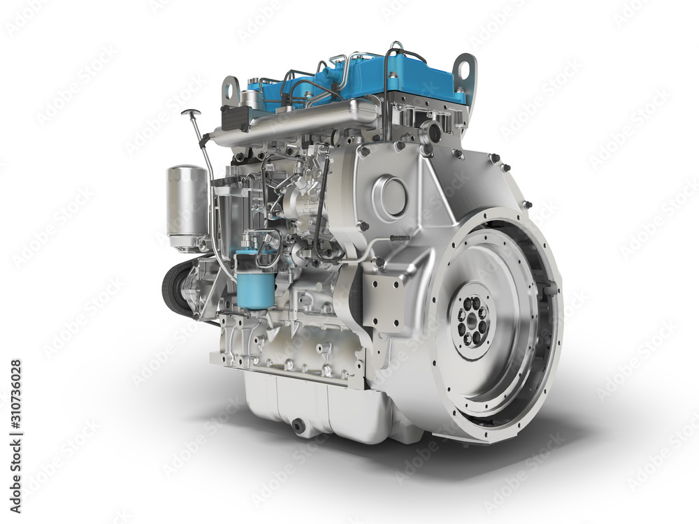 3D rendering of blue diesel engine for car assembly on white background with shadow 3D rendering of blue diesel engine for car assembly on white background with shadow