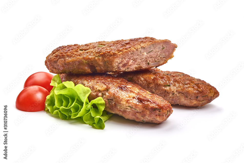 Fried cevapcici, balkan sausages, isolated on white background Fried cevapcici, balkan sausages, isolated on white background