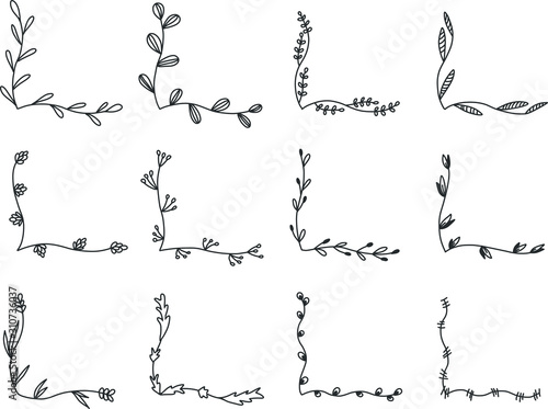 Hand drawn set of line frames on a white background. Sketch elements of floral and herbs ornaments for banner design. Line border collection. Arrows. Isolated separators. Vintage border. 