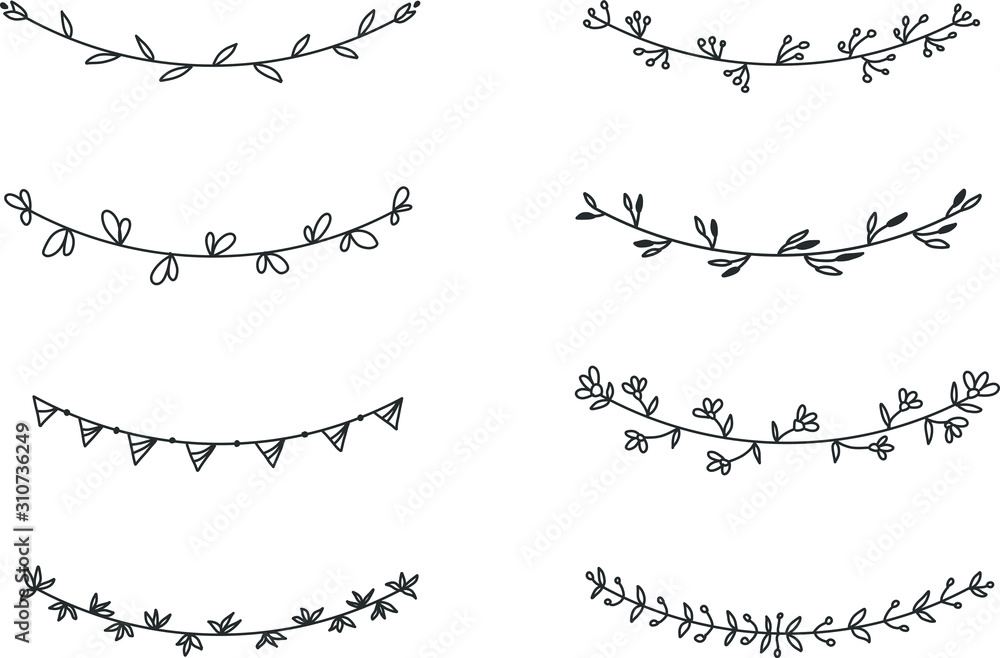 Hand drawn set of line frames on a white background. Sketch elements of floral and herbs ornaments for banner design. Line border collection. Arrows. Isolated separators. Vintage border. 