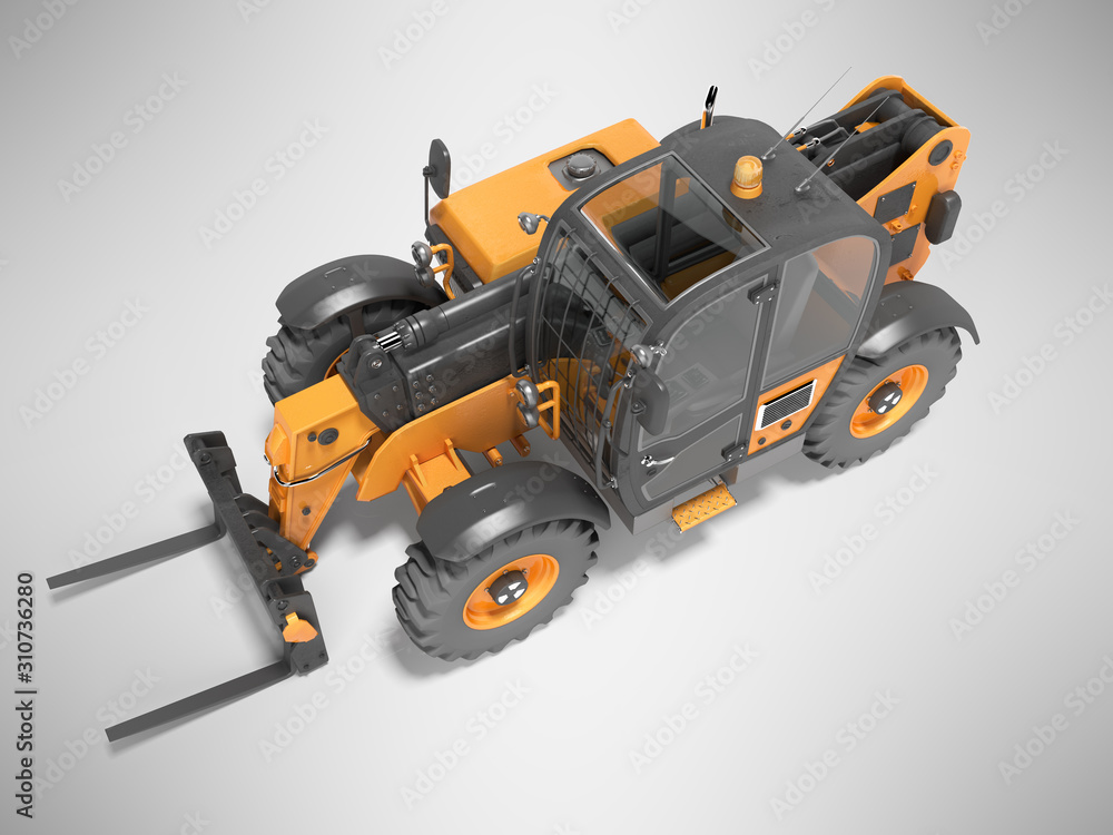 3D rendering orange front view telescopic loader on gray background with shadow