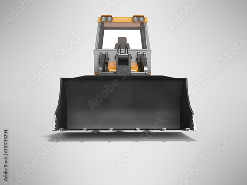 3D rendering orange caterpillar bulldozer front view on gray background with shadow