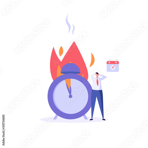 Unsuccessful businessman panics next to the burning clock. Concept of time managment, deadline, self control, self discipline. Vector illustration in flat cartoon design