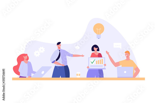 Men and women sitting and standing in office. Team of people at workplace working on solution together. Concept of teamwork, patnership and creative idea. Vector illustration flat design