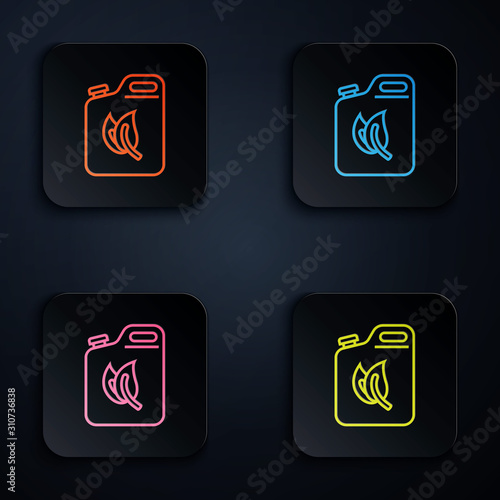 Color neon line Bio fuel canister icon isolated on black background. Eco bio and barrel. Green environment and recycle. Set icons in colorful square buttons. Vector Illustration