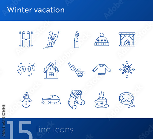 Winter vacation line icon set with cocoa and Christmas stockings