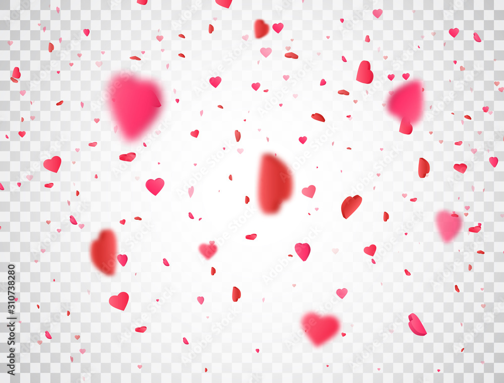 Valentines Day background with 3d pink heart falling on transparent background. Heart confetti border. Flower petal in shape of heart. Color confetti for greeting cards. Vector illustration