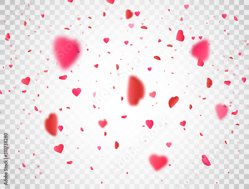 Heart confetti falling on transparent background. Flower petal in