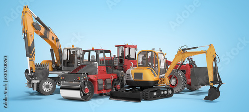Concept group of road machinery excavator road roller 3D rendering on blue background with shadow