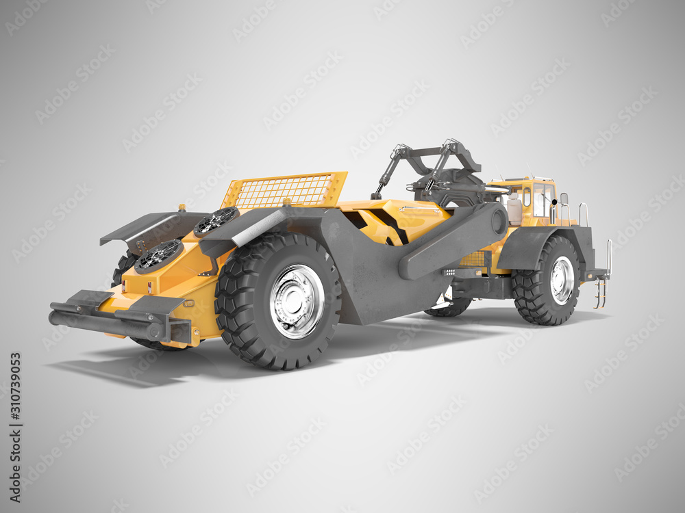 Land transport machine scraper 3D rendering on gray background with shadow