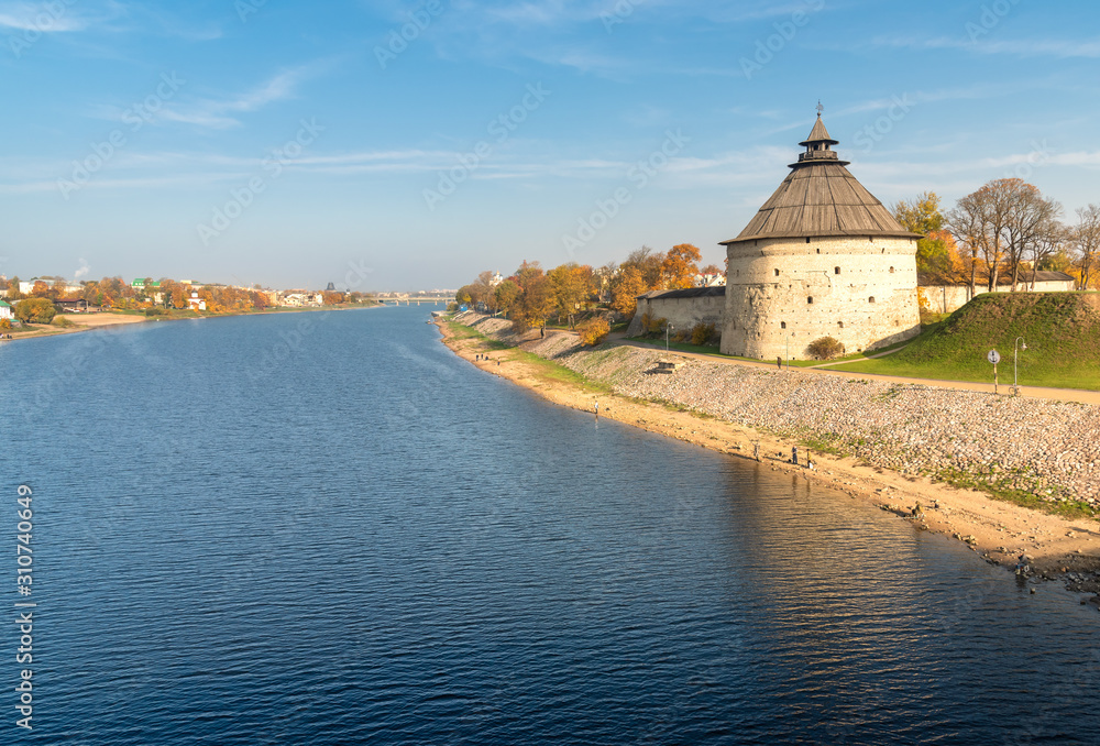 Pokrovskaya fortress Tower of Pskov on the shore of Velikaya river, Russia
