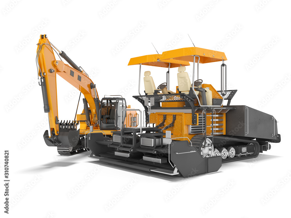 Road machinery orange asphalt spreader machine and crawler excavator 3D rendering on white background shadow Road machinery orange asphalt spreader machine and crawler excavator 3D rendering on white background shadow