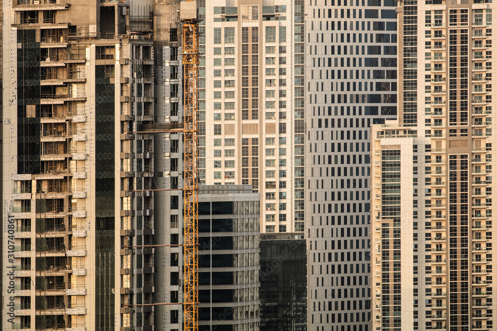 Dubai skyscrapers. Dubai futuristic skyline. Close-up.