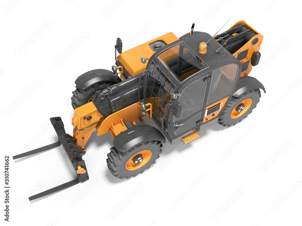 3D rendering orange front view telescopic loader on white background with shadow