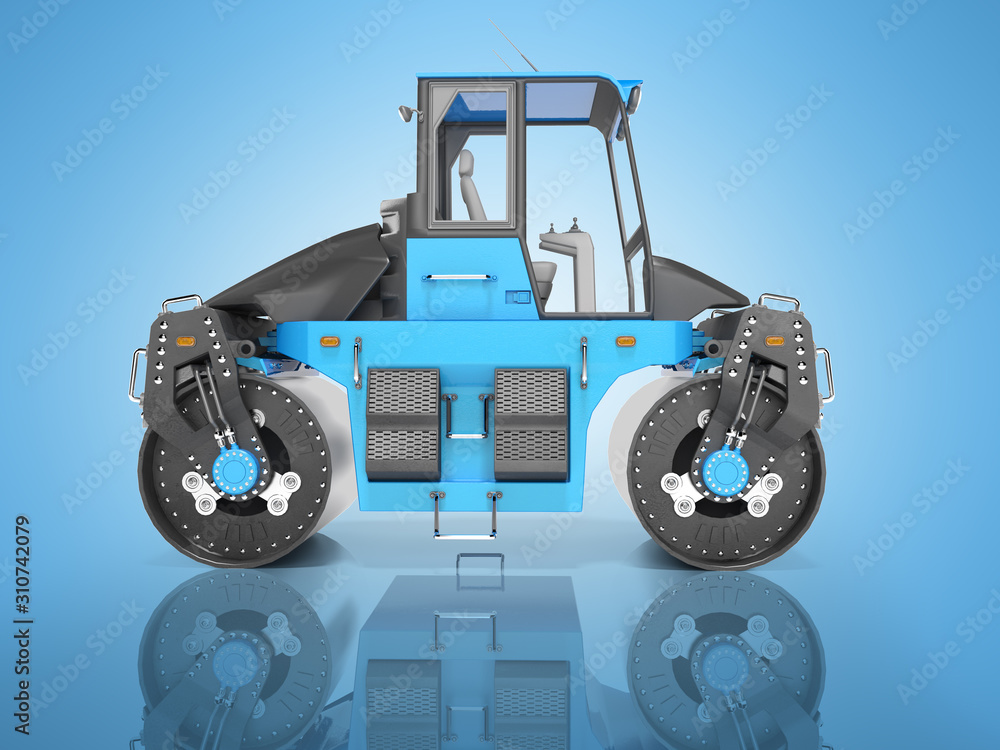 Blue asphalt roller for laying the road side view 3D rendering on blue