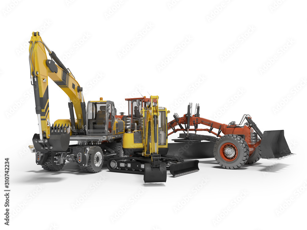 Group concept road construction equipment 3D rendering on white background with shadow